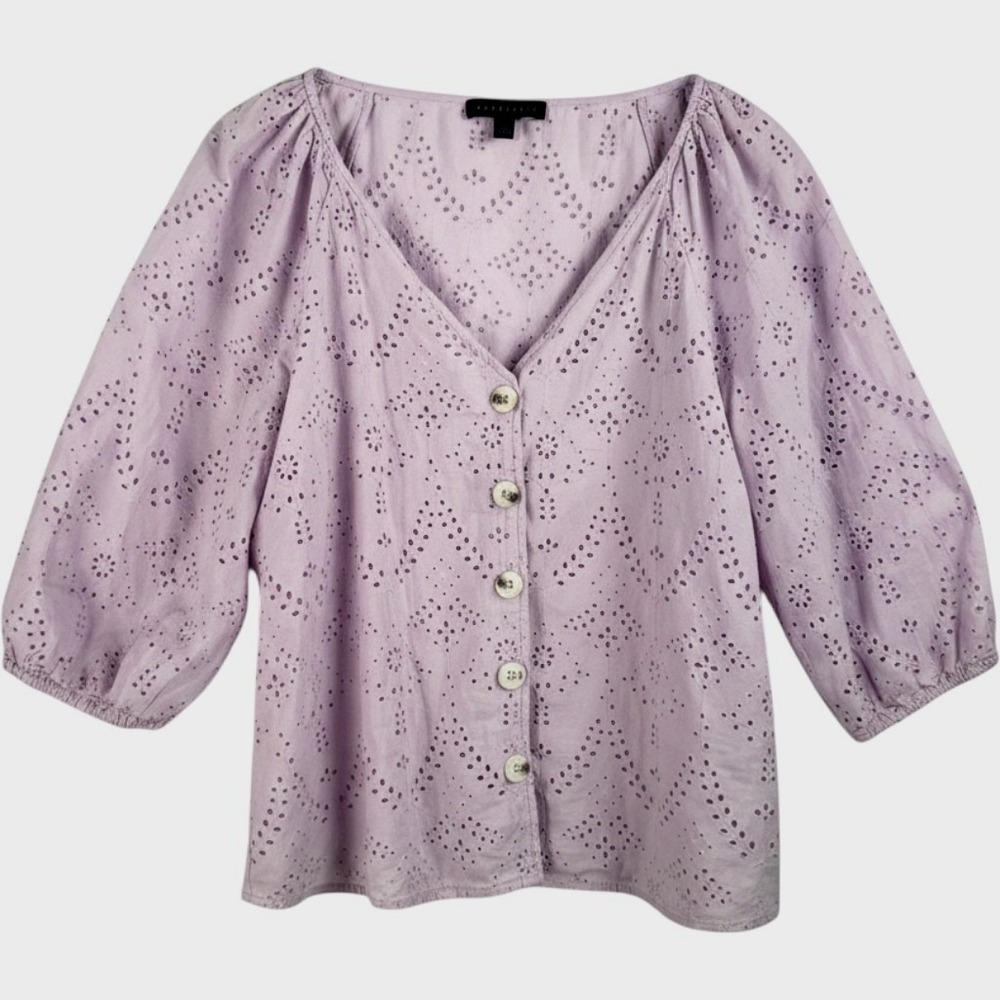 Sanctuary Eyelet Blouse sz L Lavender Embroidery Puff Sleeve Boho Top